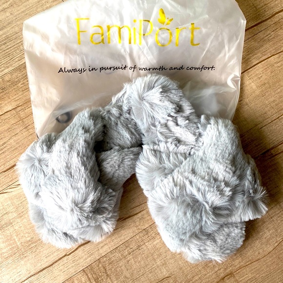 Fluffy Faux Fur Cross Band Slide Slippers NWT in GREY - Picture 3 of 10